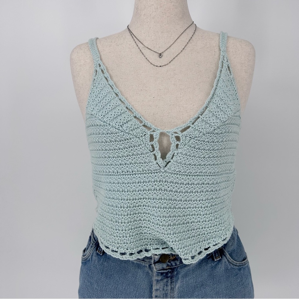 Y2K Boho Crochet Tank Top Indie Coquette Lace Trim Knit Crop Cami AE - Picture 2 of 6